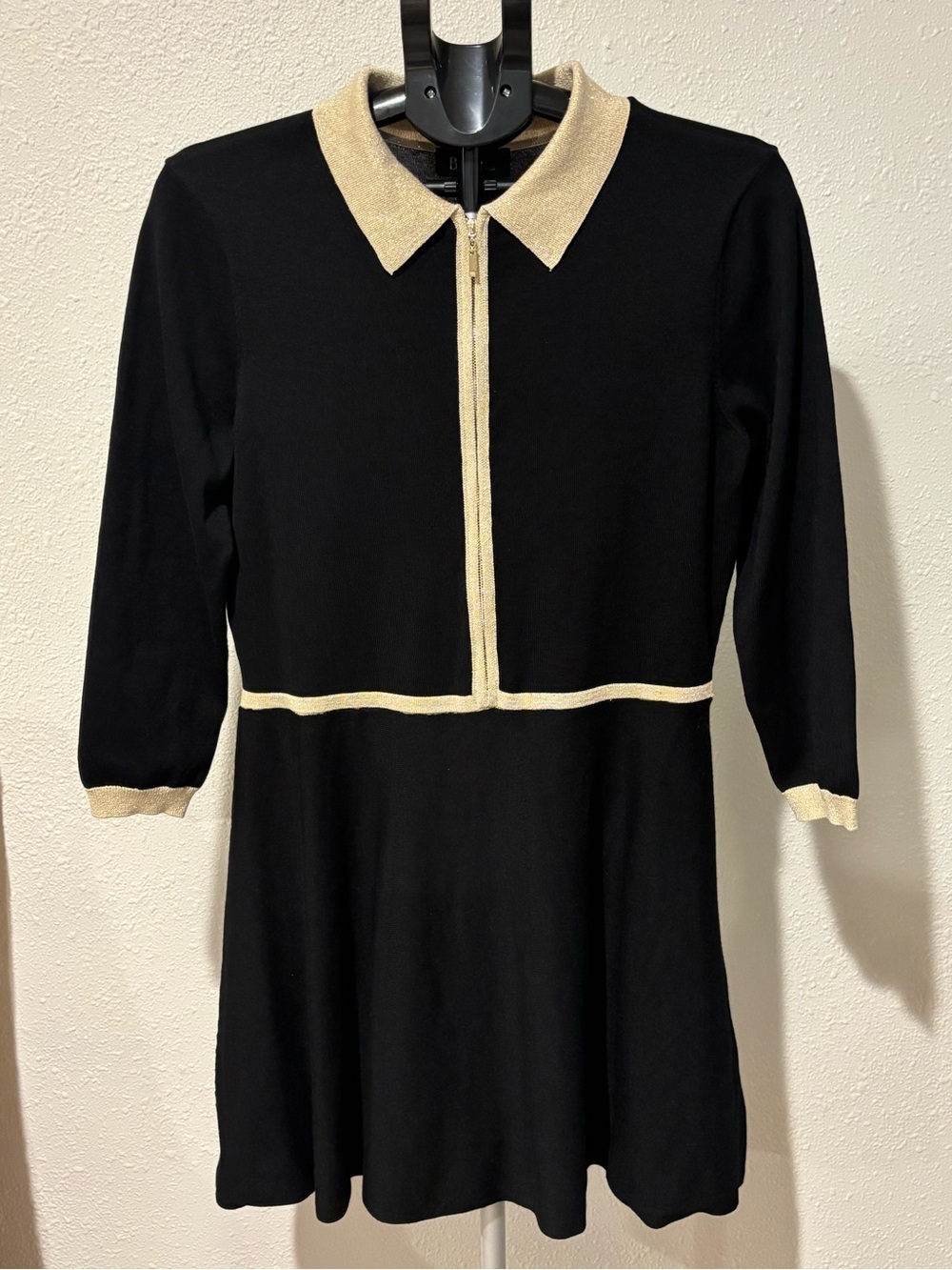 BCX Black Mini Dress with Gold Trim and Zip Front